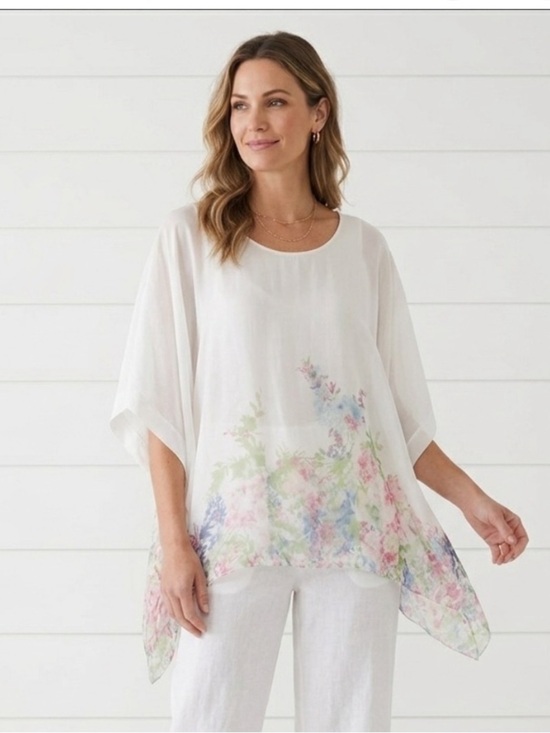 Elena Baldi Tops - Elena Baldi Women's 100% Silk Caftan Floral Sheer Pullover Blouse Size Large NWT